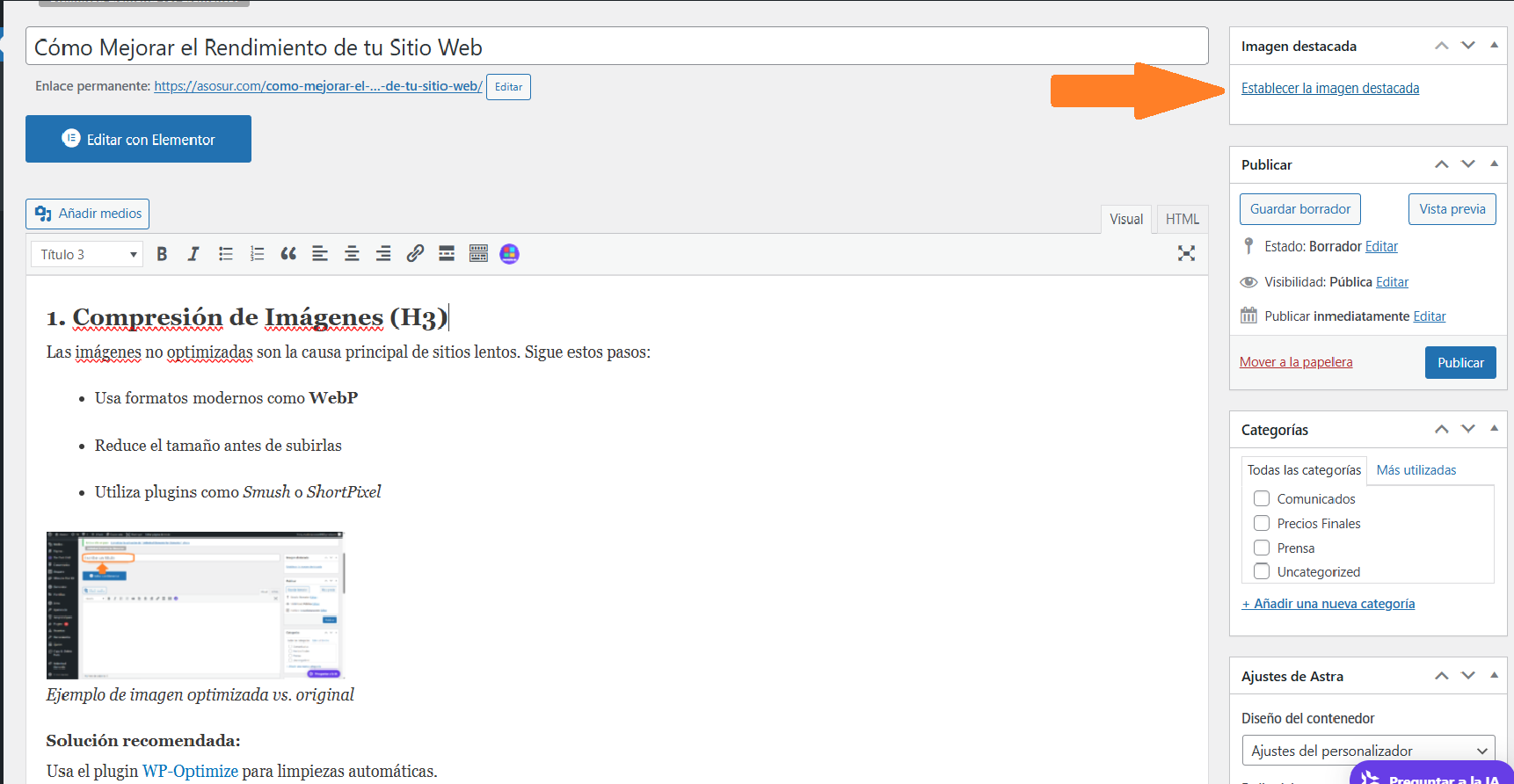 Panel de imagen destacada en WordPress