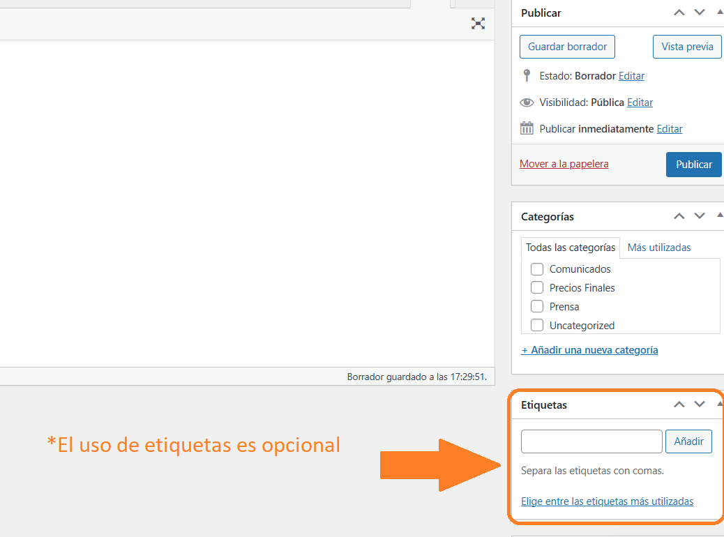 Sección de etiquetas en WordPress