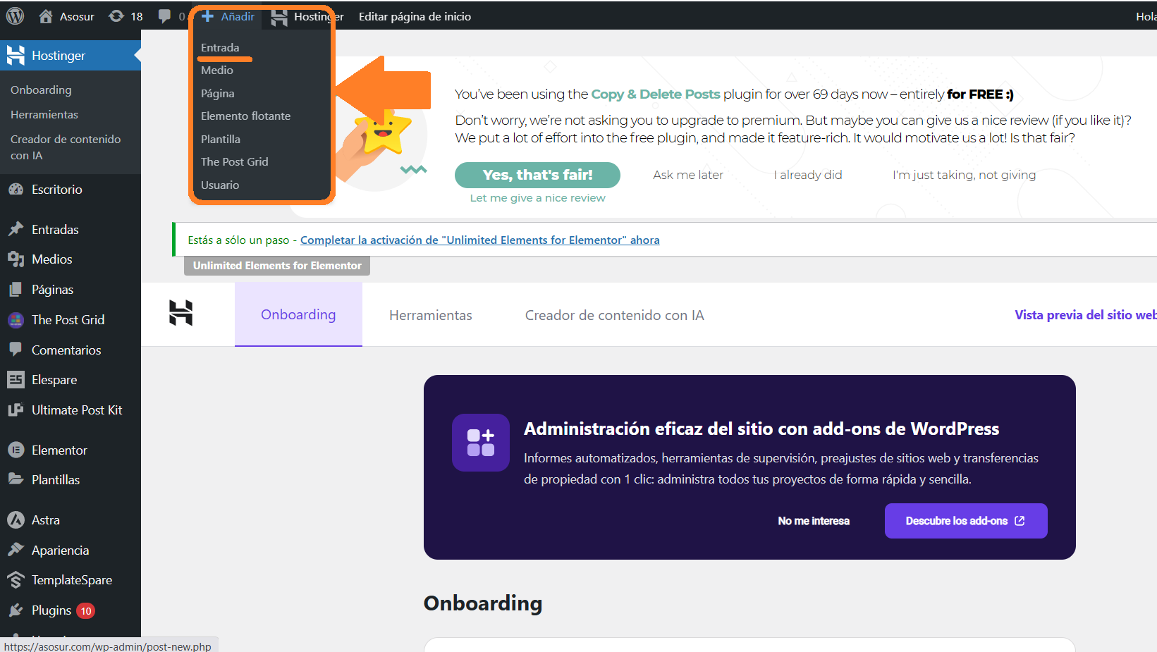 Barra superior de WordPress con opción de nueva entrada