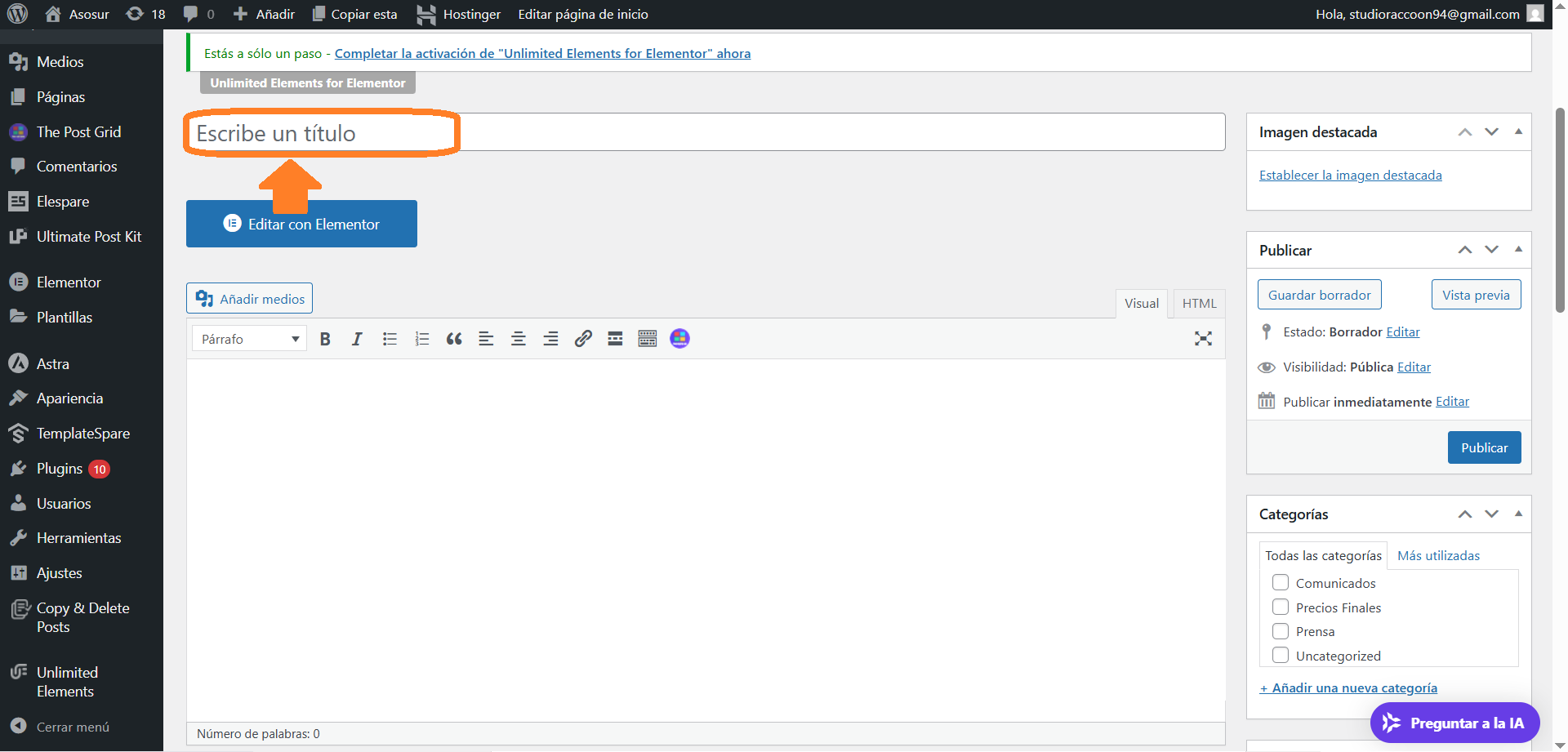 Editor de WordPress mostrando el campo para el título