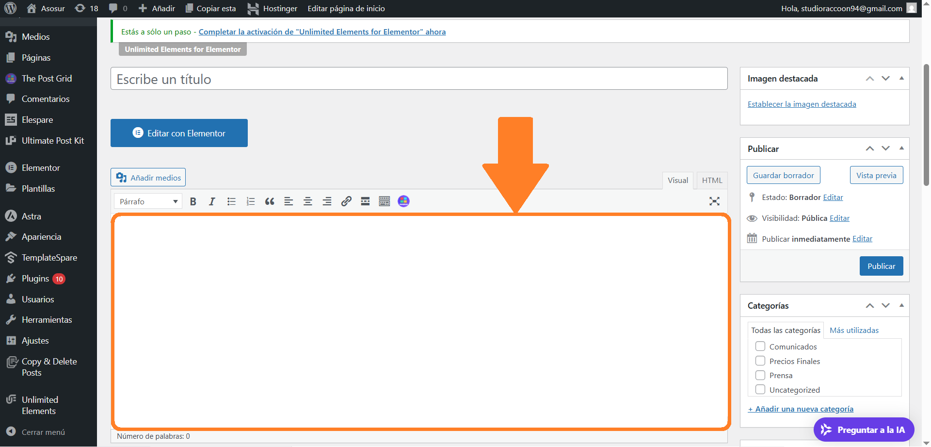 Editor clásico de WordPress mostrando las opciones