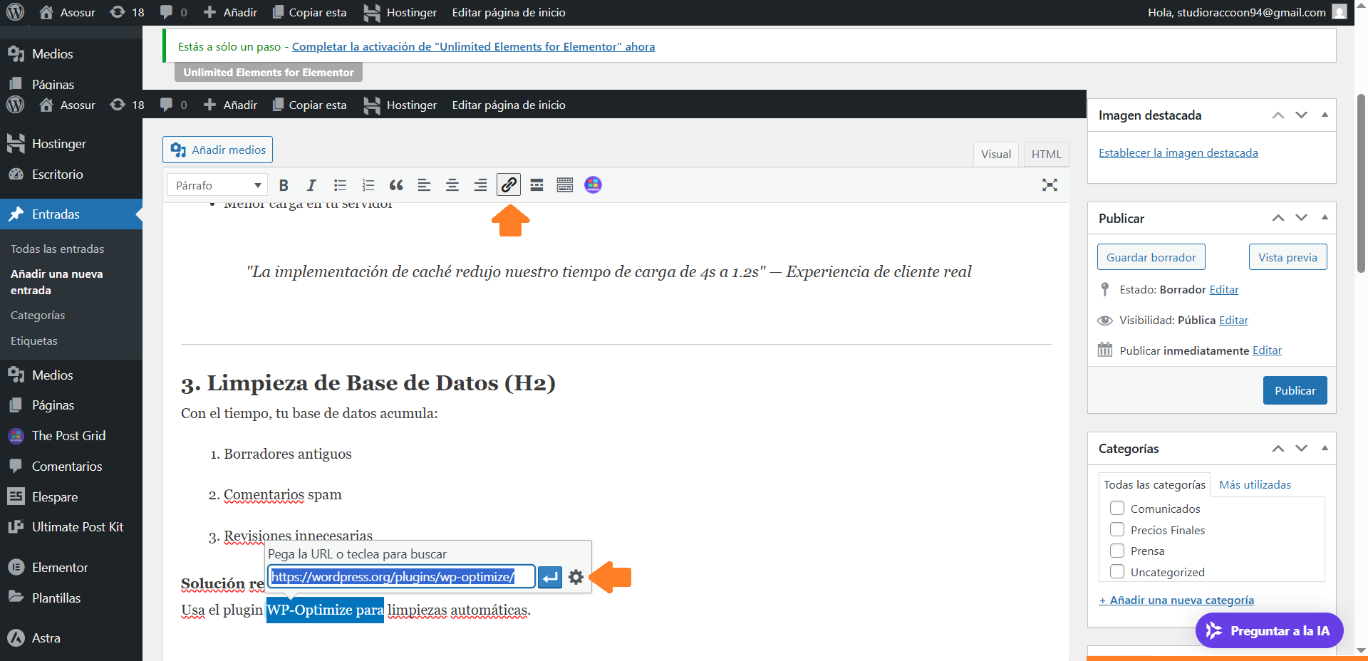 Opciones de formato de texto en el editor, agregar enlaces.